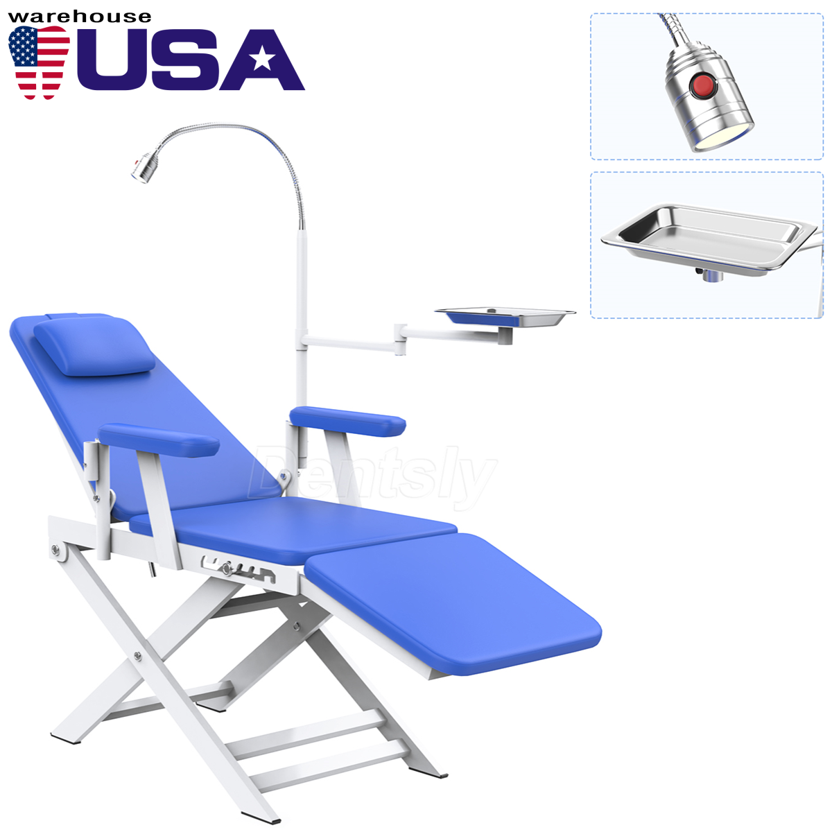 Silla dental portatil movil plegable con Luz LED recargable Y la bandeja azul