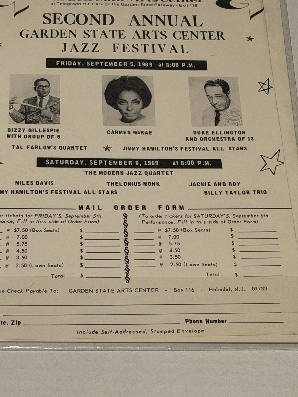 Garden State Arts Center Jazz Festival Dizzy Duke Ellington 1969 Tickets Form