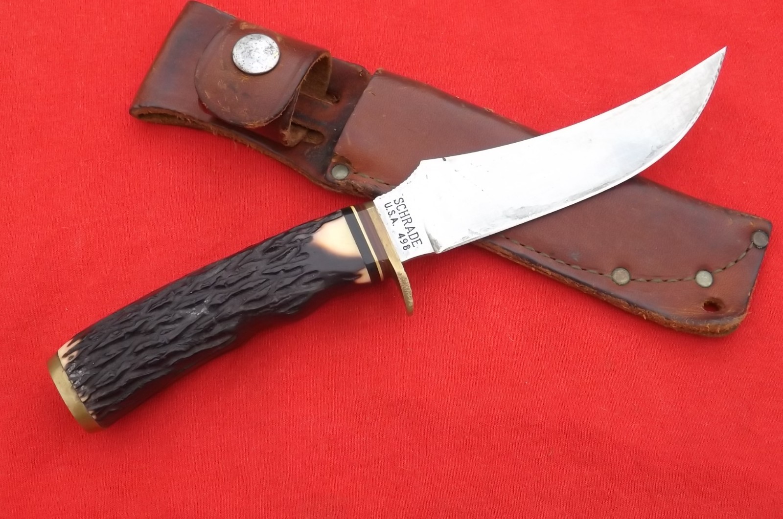 Vintage Schrade USA  498 49er Fixed Blade Knife N SHEATH CASE NICE USED SHAPE