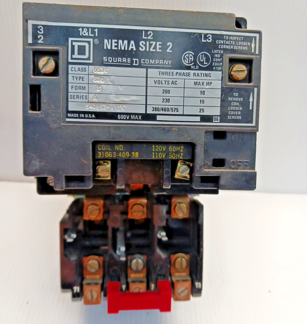 SQUARE D SIZE 2 MOTOR STARTER 8536 SD01 COIL 120V 25 HP 45 AMP