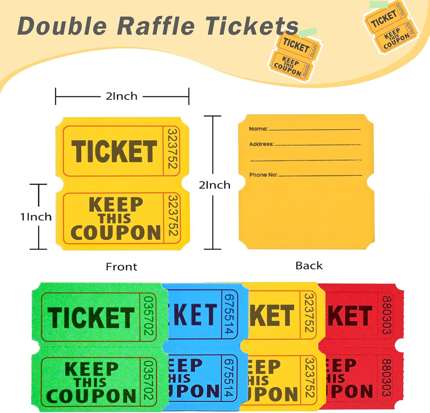 Double Raffle Tickets 4800 Total 1200 Per Roll Assorted Colors 50 50