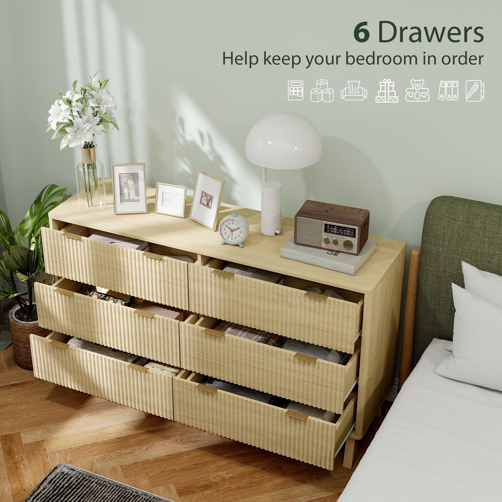 HOMCOM 6 Drawer Dresser for Bedroom, Fluted Chest of Drawers, Natural Wood