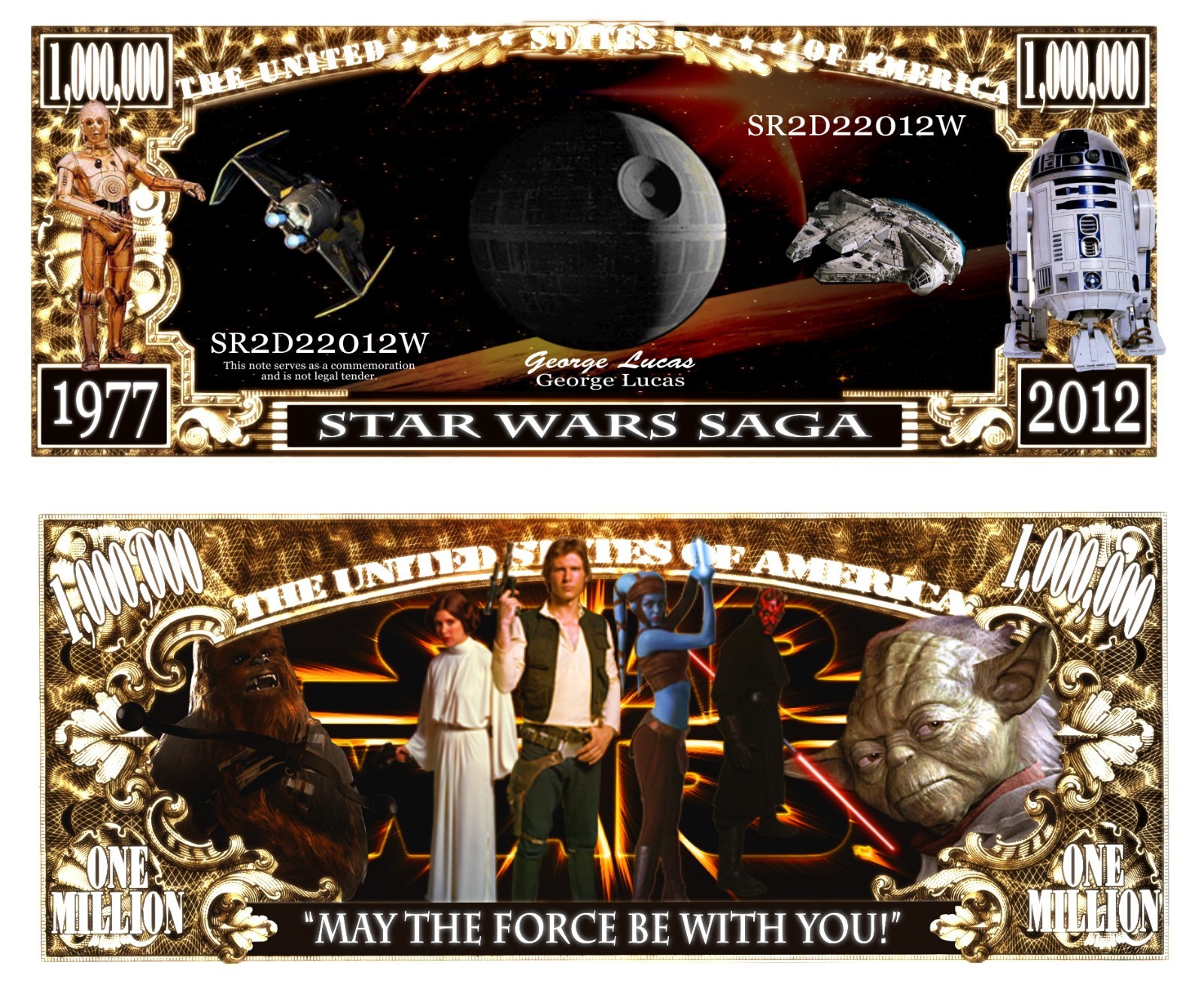 Star Wars Set of 7: Million Dollar Bill Funny Money Novelty Notes +FREE SLEEVES