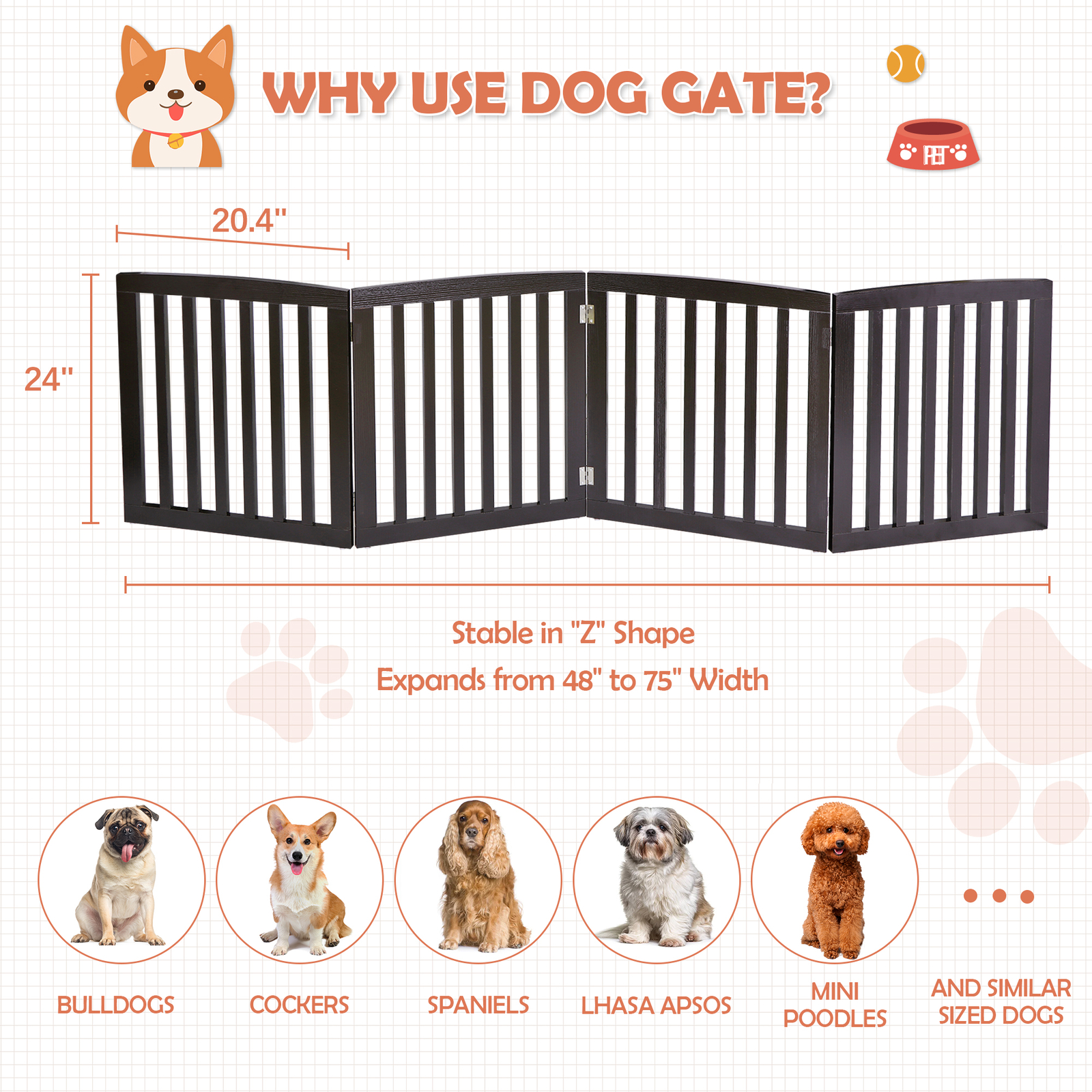 Freestanding Pet Dog Gate 4 Panels Indoor Foldable Dog Fence for Stairs Brown