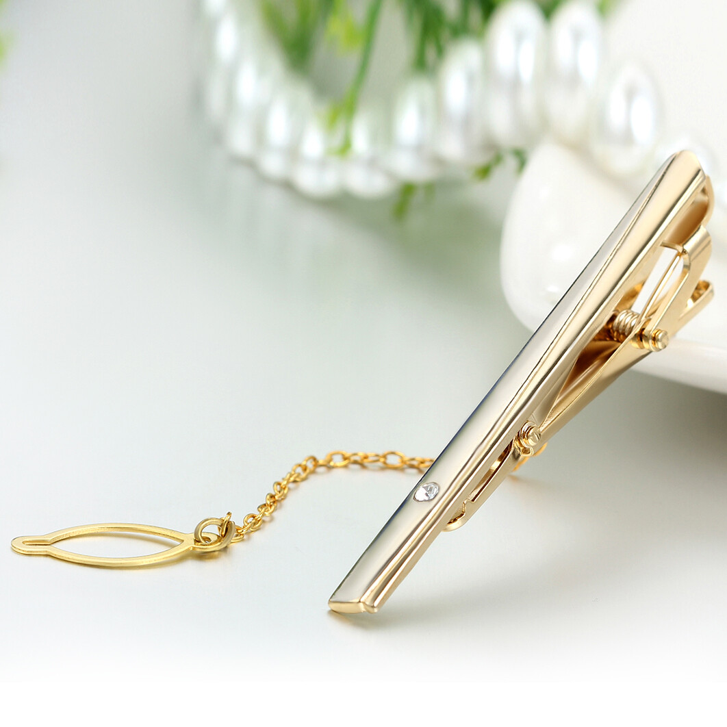 Polished Gold Tone Metal CZ Cufflinks Tie Bar Clasp Clip Set Men's Modish Gift