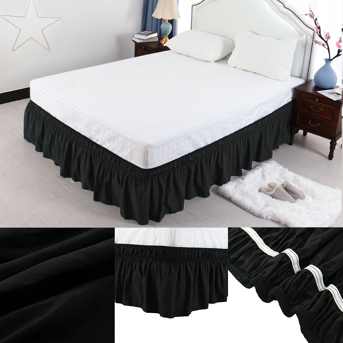 US Ship Wrap Around Bed Skirt Elastic Dust Ruffle 15 Inch Drop 4 Size Wrinkle