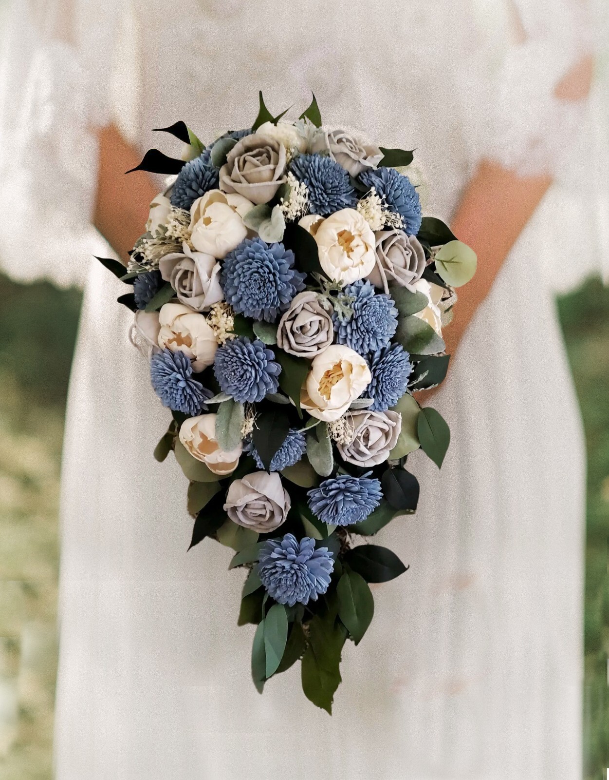 Dusty Blue Gray Bridal Bouquet Sola Wood Flower White Wedding Cascade Artificial
