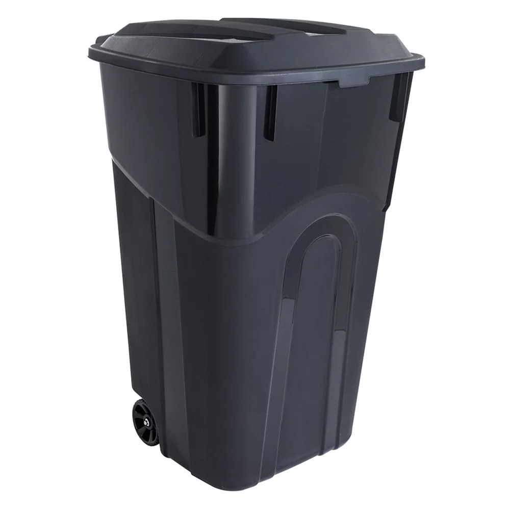 32 Gallon Wheeled Heavy Duty Plastic Garbage Can, Attached Lid, Black