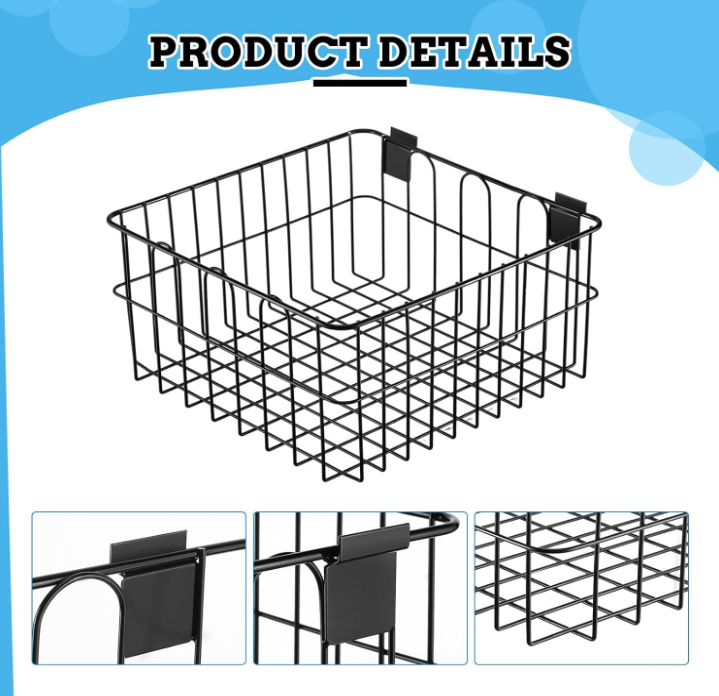 4 PACK! Assorted Heavy Duty Slatwall Baskets, Black Vinyl Coated Steel Storage