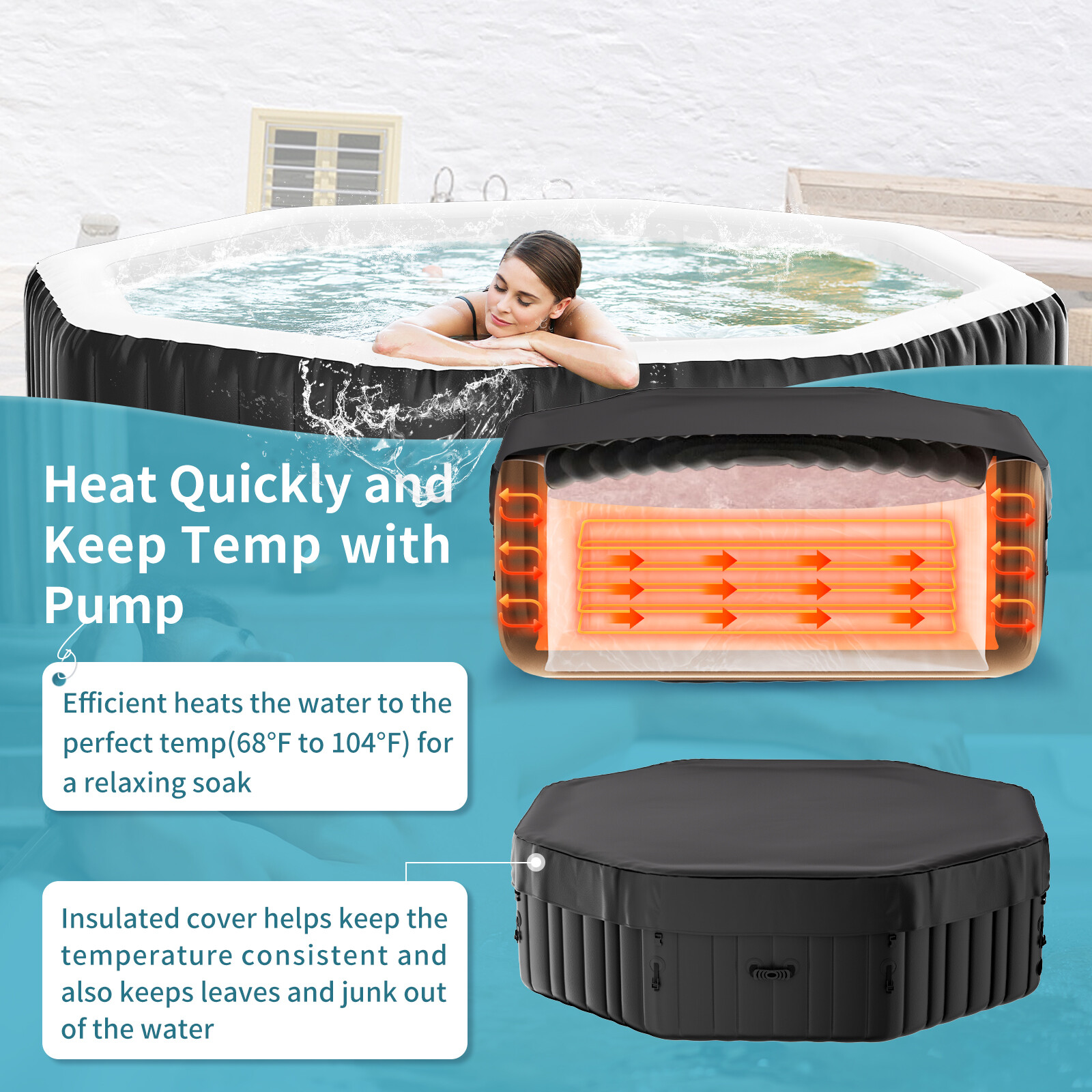 NAIZEA 6 Person Inflatable Hot Tub 75x75x25 Spa with 130 Soothing Jets and Cover