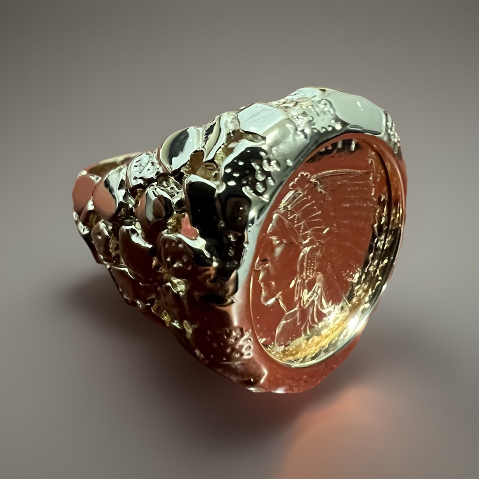 14k Yellow Gold Nugget Ring & 21.6 K Indian Head Coin Approximately 16-17 Grams!