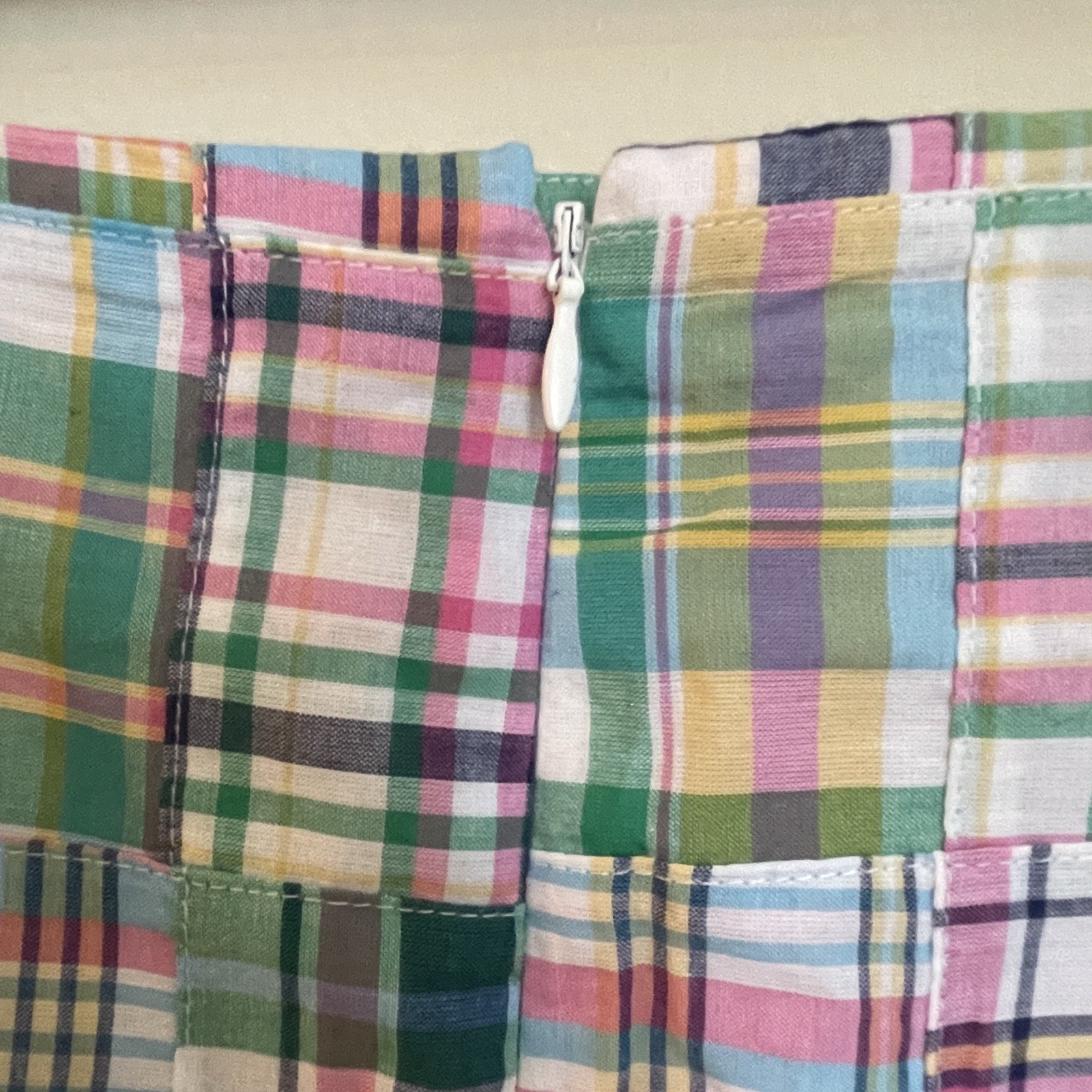 Talbots Madras Plaid Patchwork Skirt Sz 6, Pink Green Blue Pastels, Lined, Zip