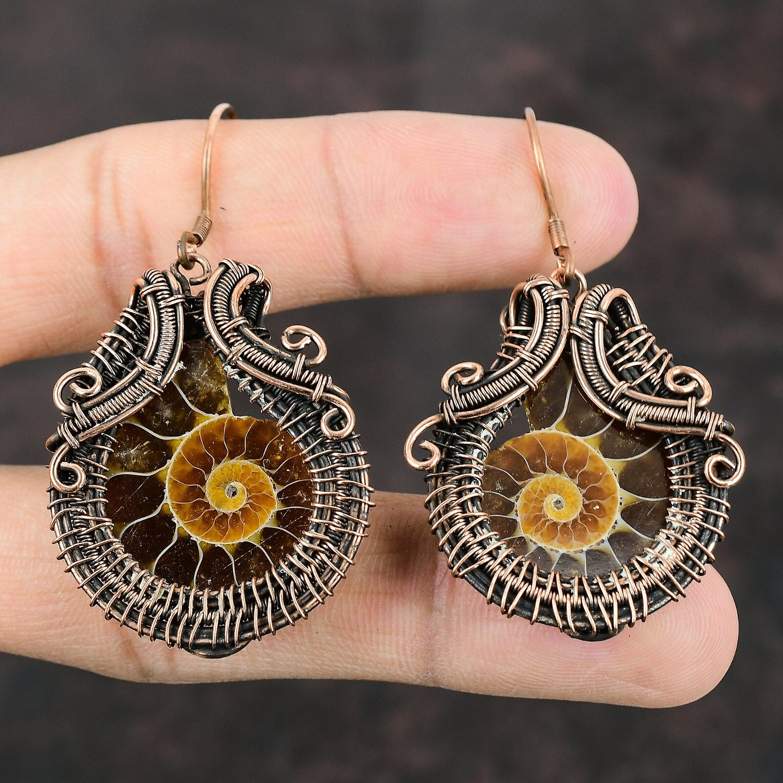 Ammonite Fossil Copper Valentine Gift Wire Wrapped Drop/Dangle Earrings 2.24"