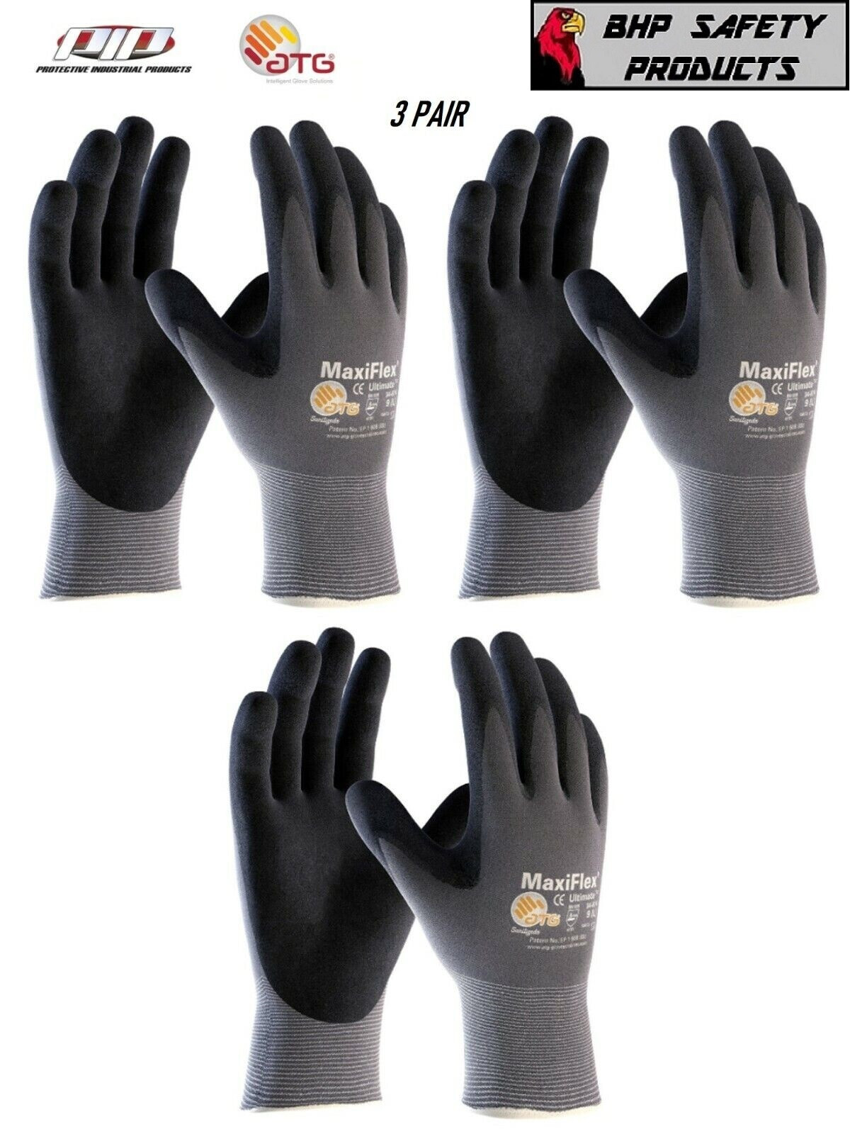PIP 34-874 MaxiFlex Ultimate Micro Foam Nitrile Grip Coated WORK GLOVES 3 PAIR