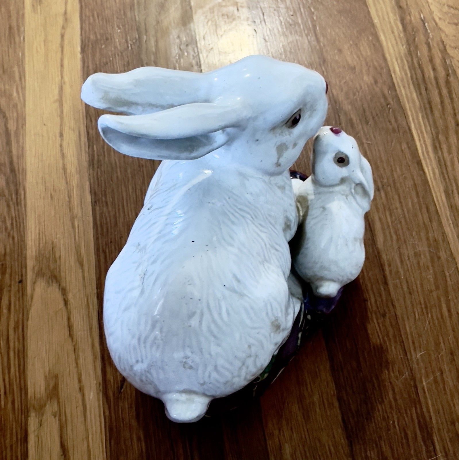 Majolica Rabbit & Baby Bunny vintage Japanese 10" tall 9" long 8" wide