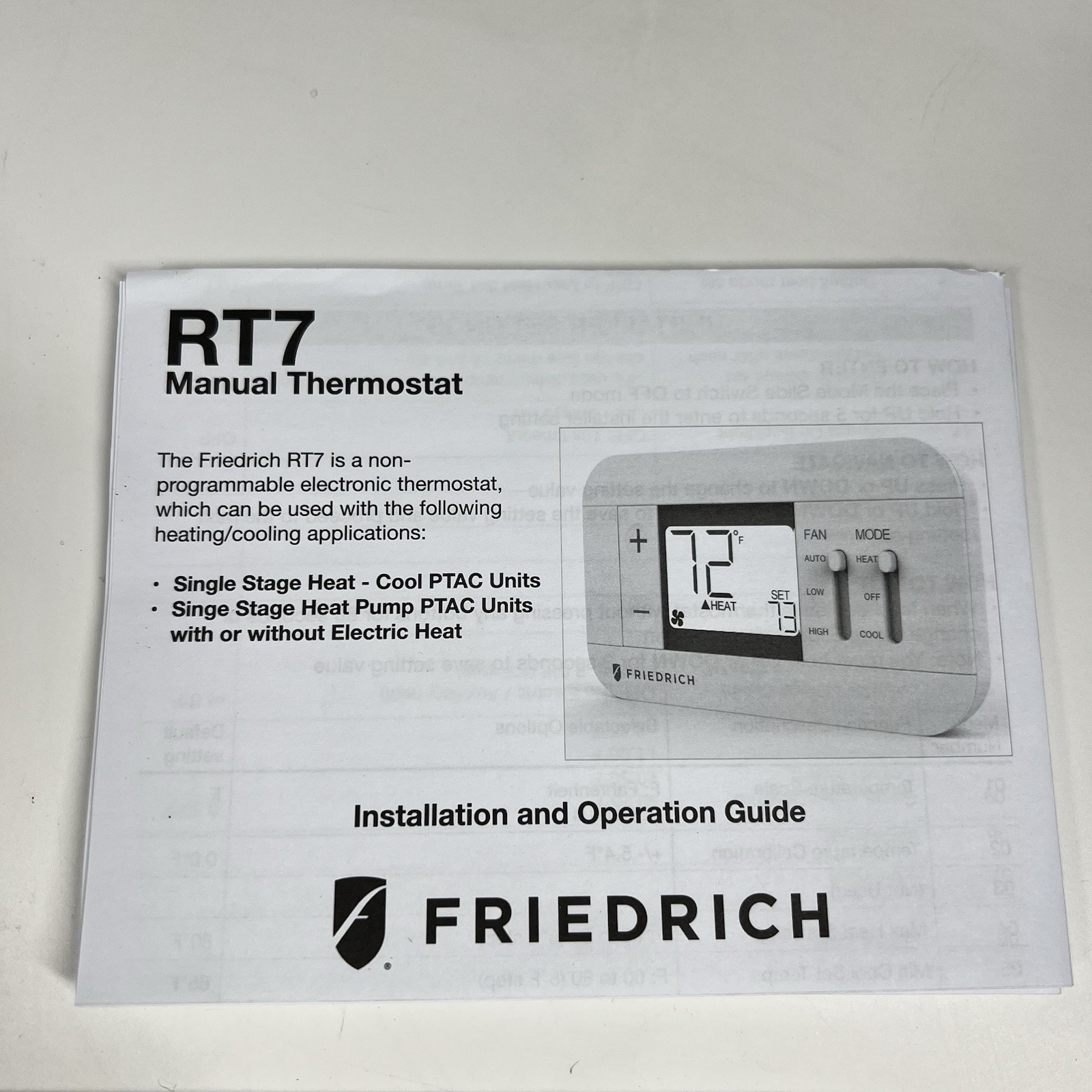 Friedrich RT7 Digital Non-Programmable Wall Thermostat 2 Speed Fan Heat Cool
