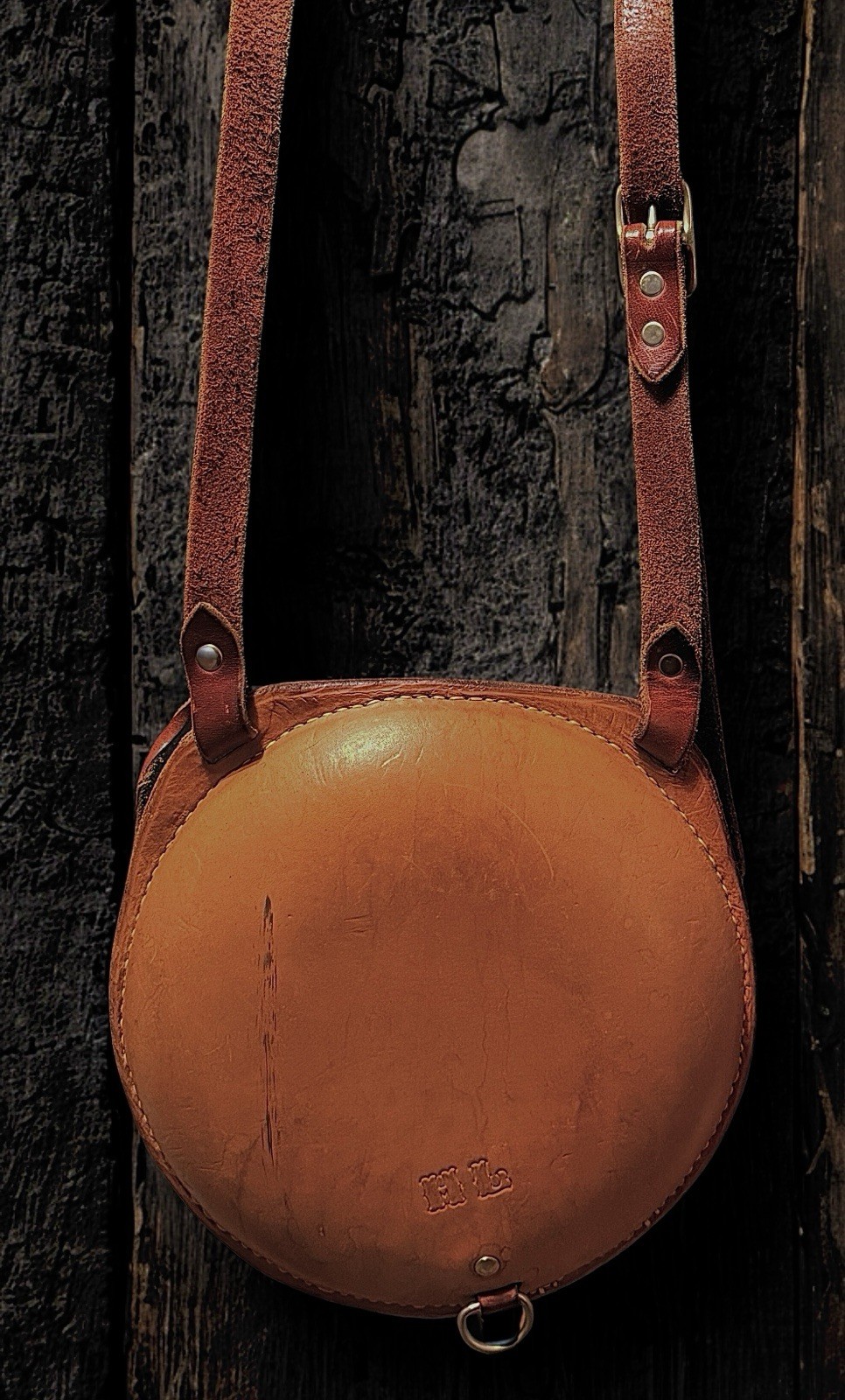 Vintage Hand-Tooled Leather Canteen - Artisan Phoenix Bird Design - 8.5" Round