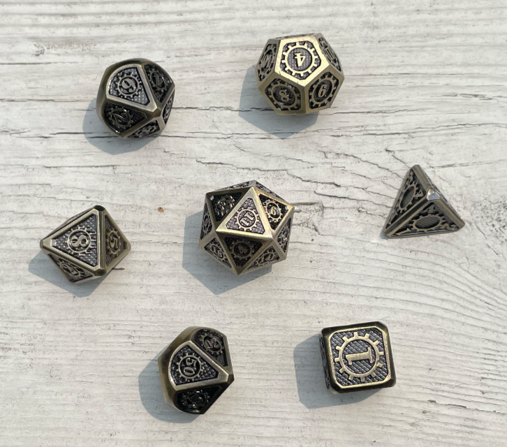 7pcs Polyhedral Metal Dice Set Gold Gear Theme for DND