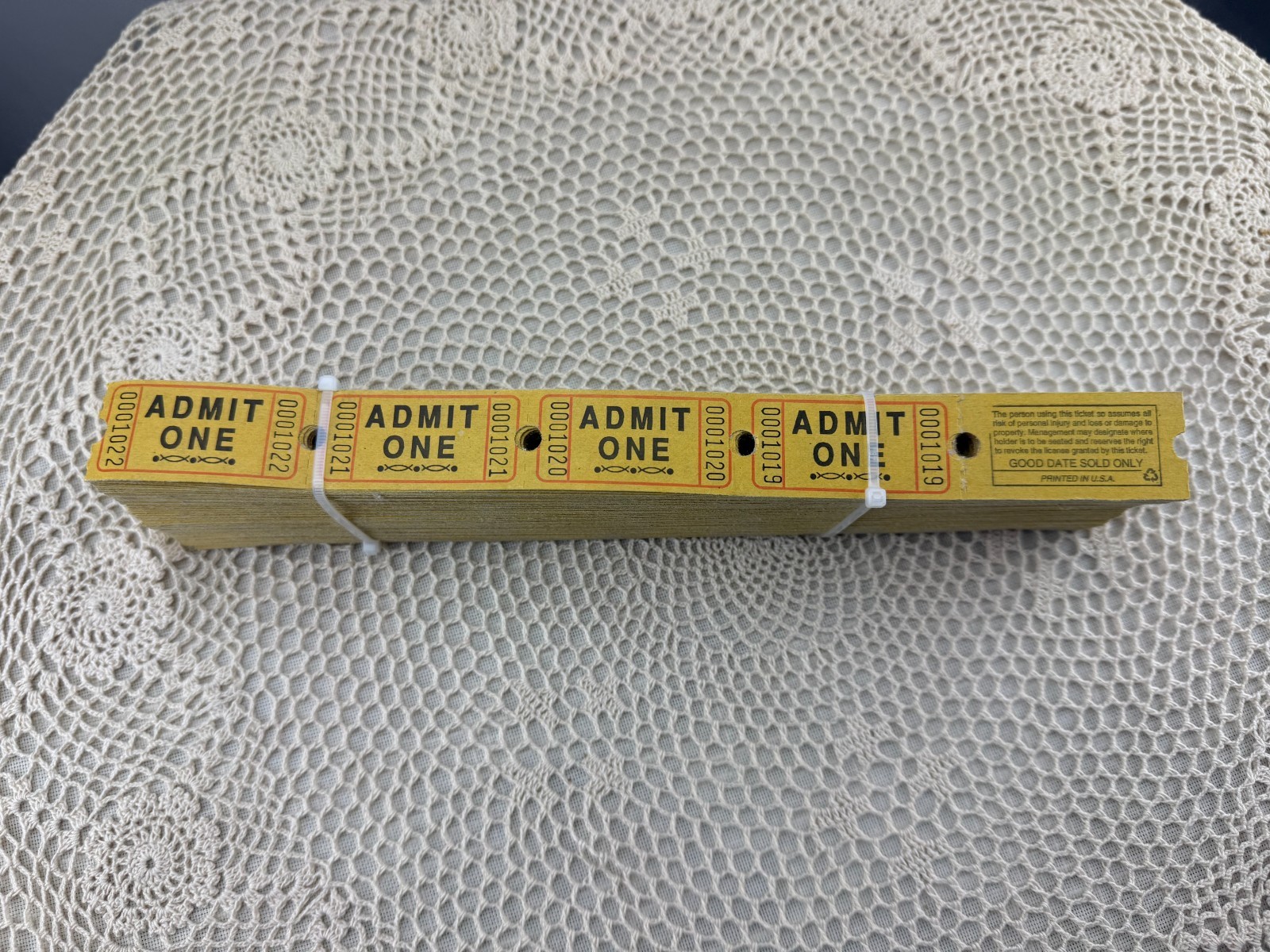 NOS Vintage Stack Yellow ADMIT ONE Numbered TICKETS Roll Admission Scrapbooking