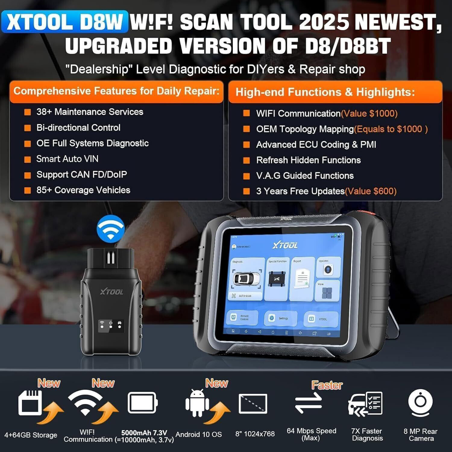 2025 XTOOL D8W V2.0 All System Diagnostic Tool Bi-directional Key Programmer FCA