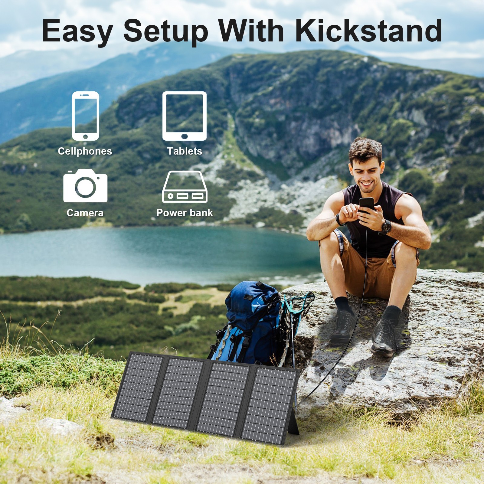 MHPOWOS 60W Foldable Camping Solar Charger with Kickstand for Power Stations
