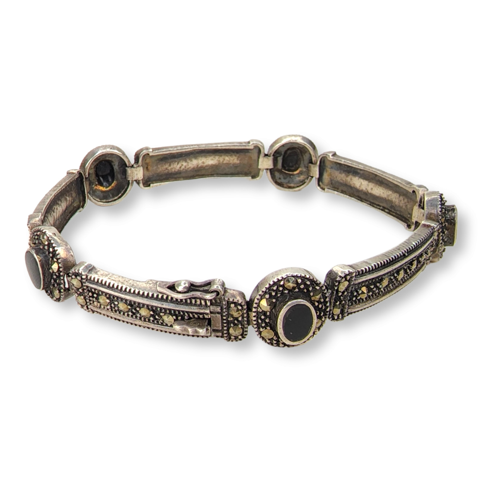 Vintage Sterling Silver 925 Marcasite and Black Onyx Link Bracelet 7.5 Inches
