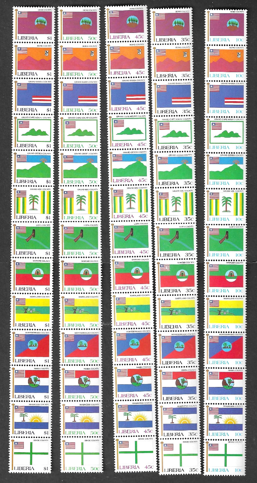 Liberia 1990 Flag Issue complete set of 65 in strips of 13, NH $$ #1140-44