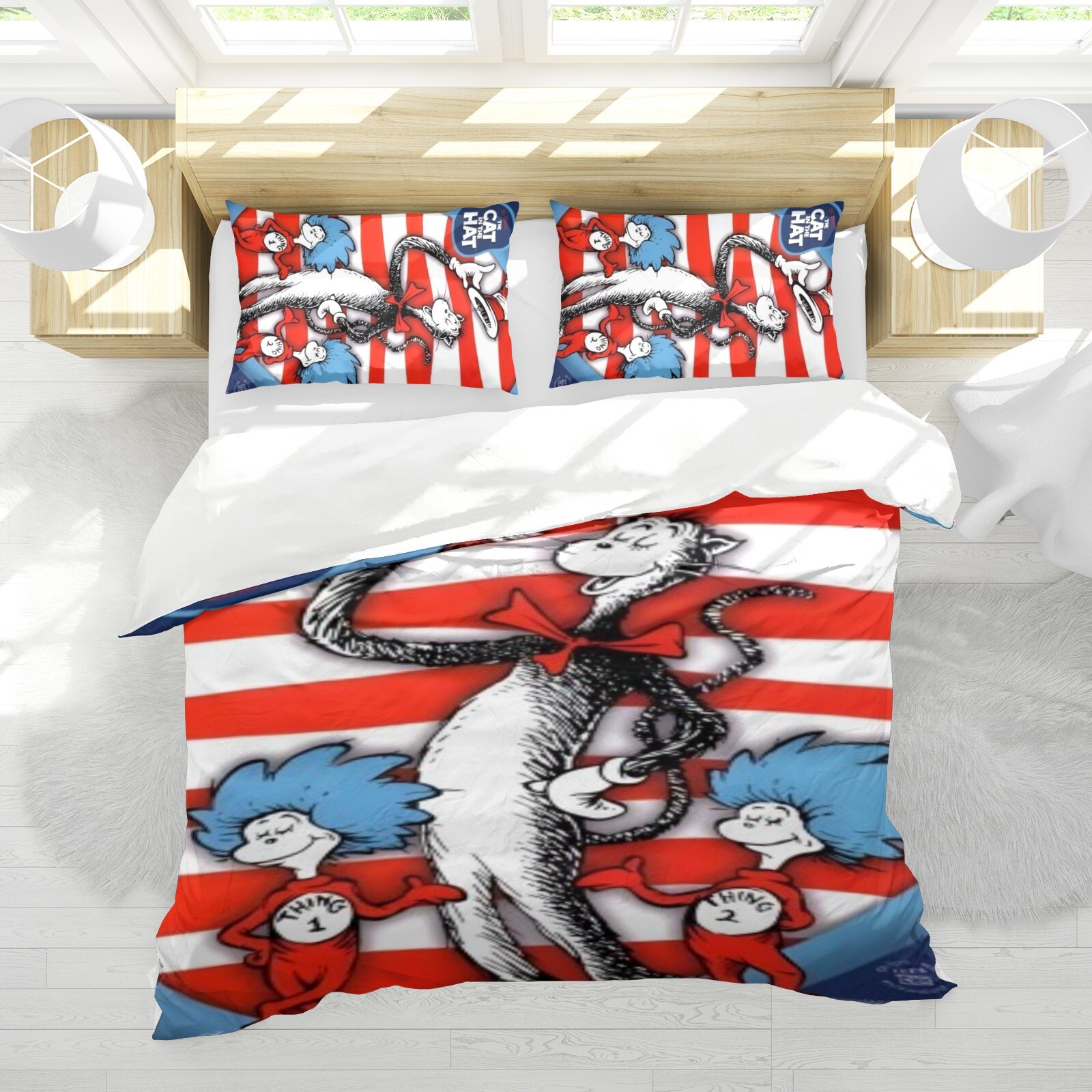 3Pcs Bedding Sets The Cat in the Hat Duvet Cover Sets All Season for Kids Soft
