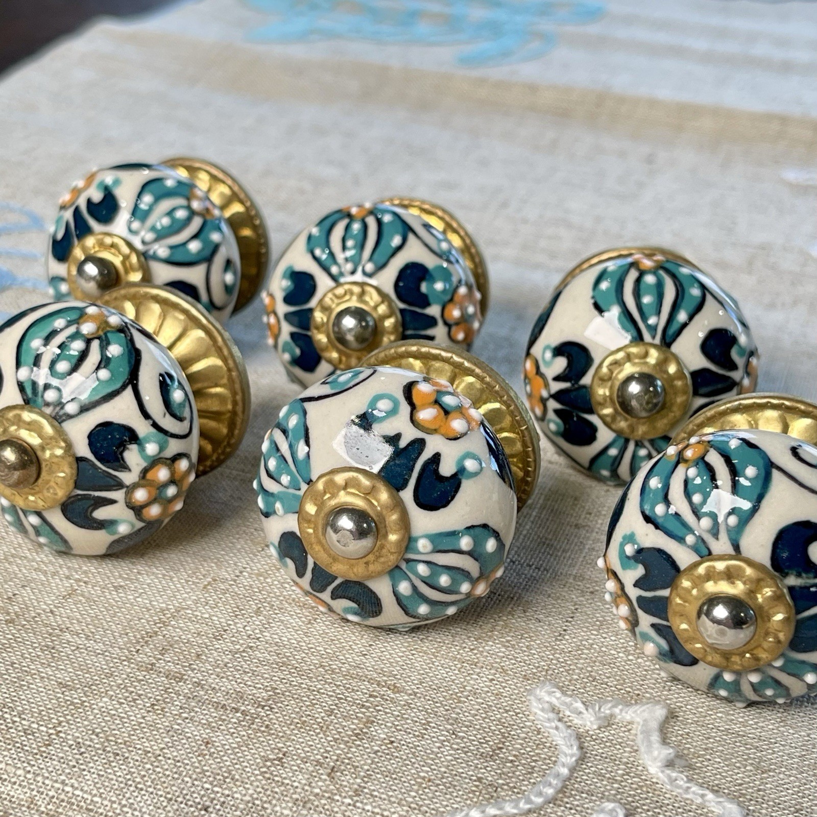 6 Hand Painted Ceramic Boho Floral Drawer Knobs Turquoise Blue Gold White Orange