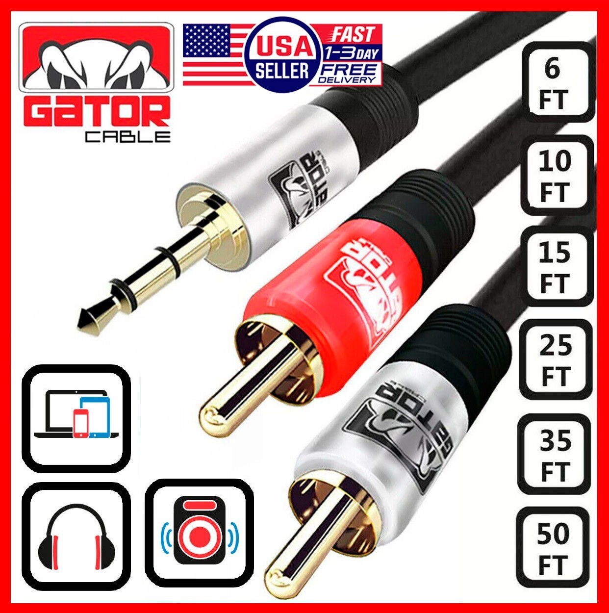 3.5mm AUX to 2 RCA Stereo Cable Y Splitter Audio Male Cord Adapter Plug