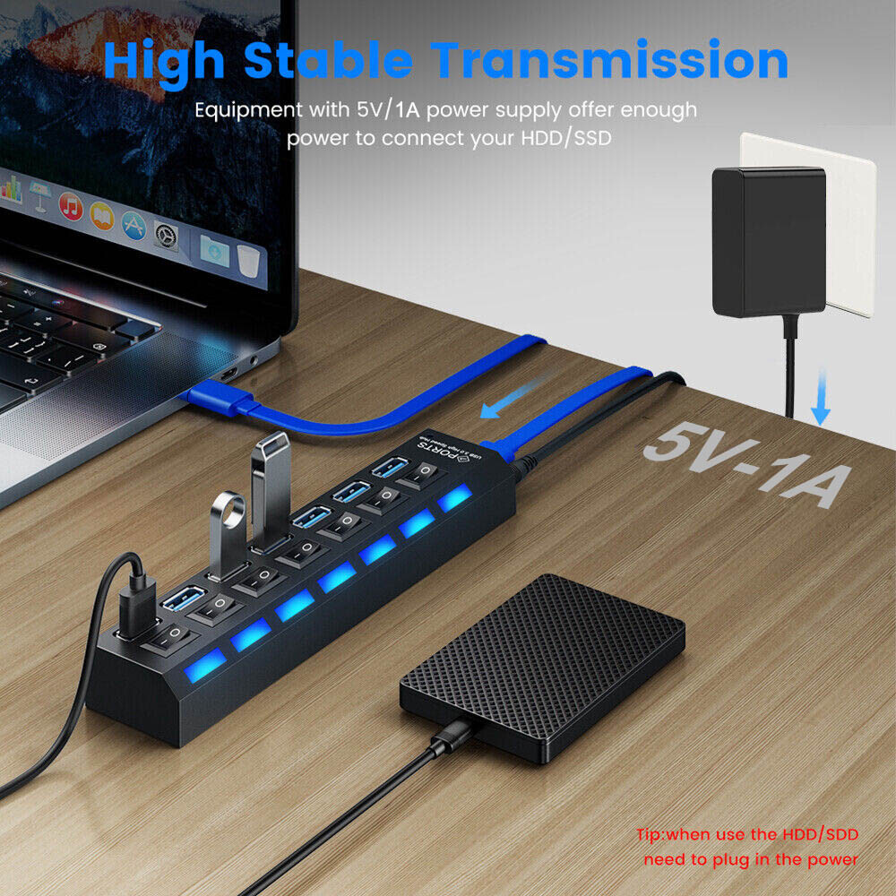 USB 3.0 Hub 7 Port On/Off Switch High Speed Splitter AC Adapter Cable PC Laptop
