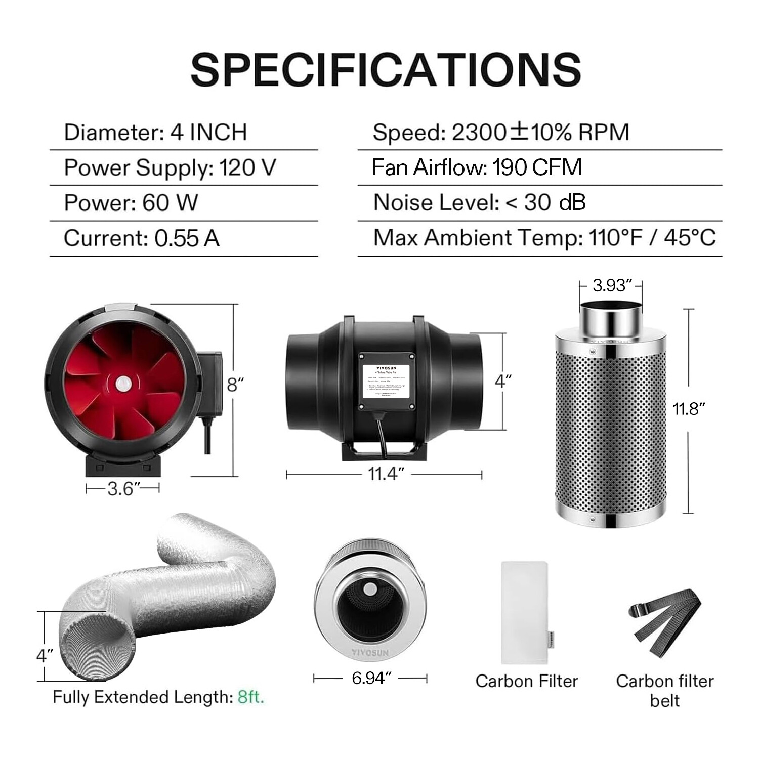 VIVOSUN 4" Inline Fan Kit w/ Carbon Filter & 8ft Ducting for Growing Ventilation