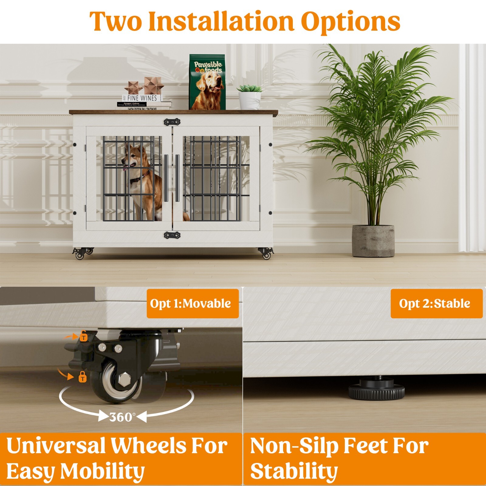 Dog Crate Furniture Dog Kennel Indoor Double Doors Wooden Cage & Cushion White