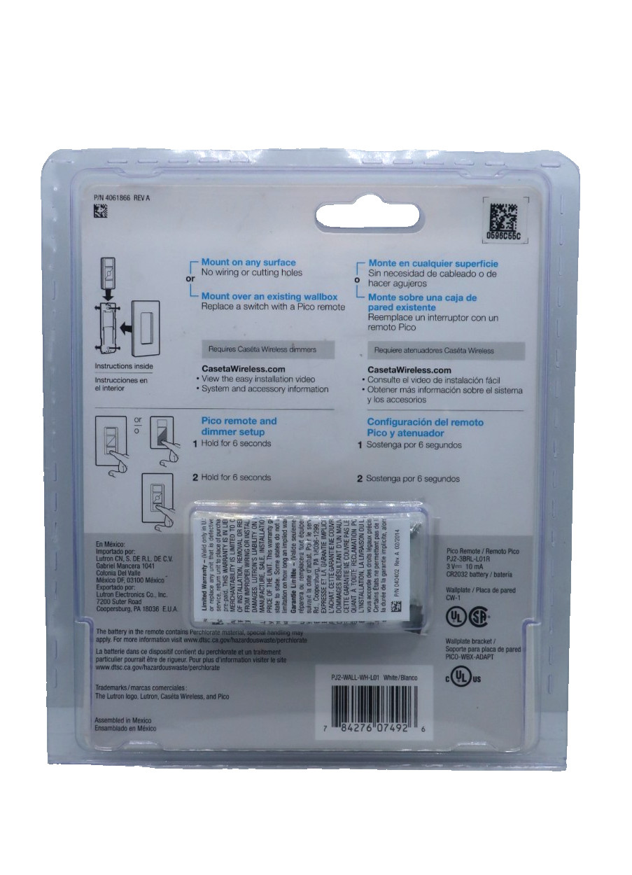 Lutron Remote Control Wireless Pico Wall Mounting Kit White PJ2-WALL-WH-L01 NEW!