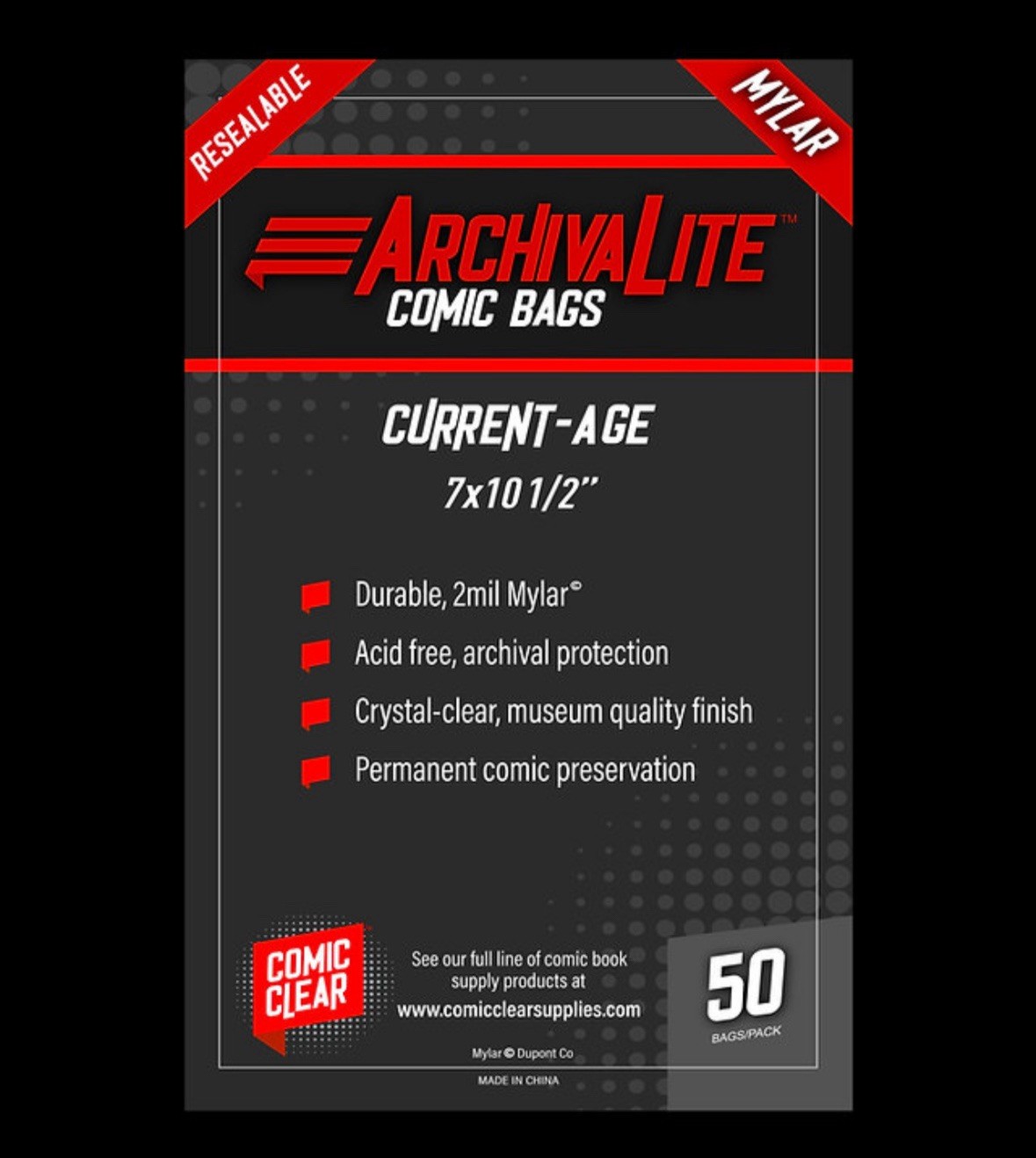 Current Age Mylar Comic Bags (50) - Comic Clear - Resealable Closure Type