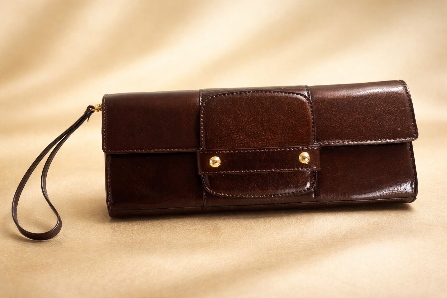 Alfani Brown Leather Clutch Wallet Wristlet Organizer Gold Hardware Large