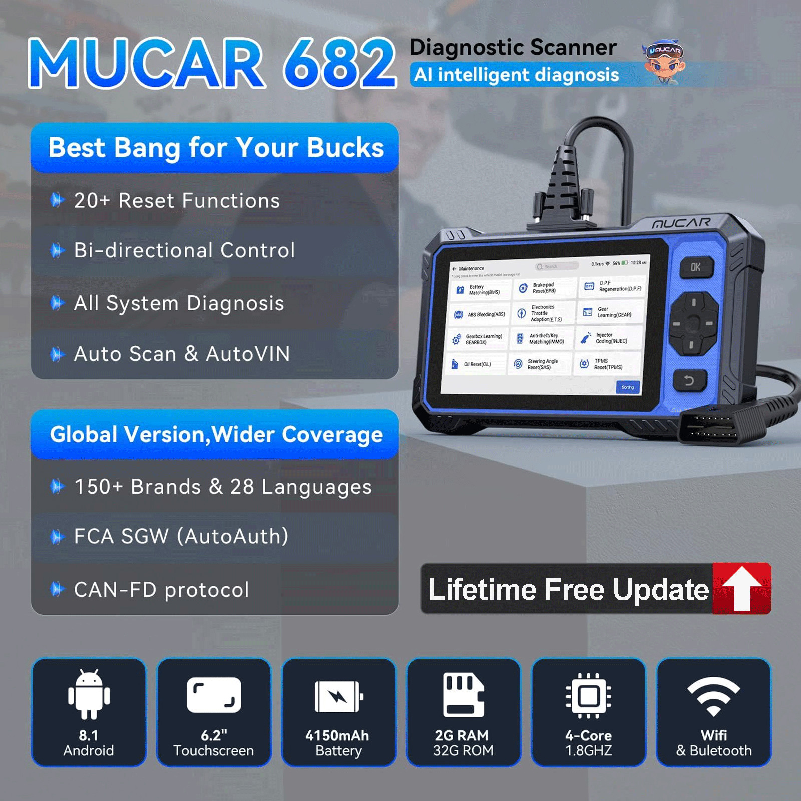 MUCAR 682 OBD2 Scanner Automotive AI Diagnostic Tool Active Test 20+Resets FREE
