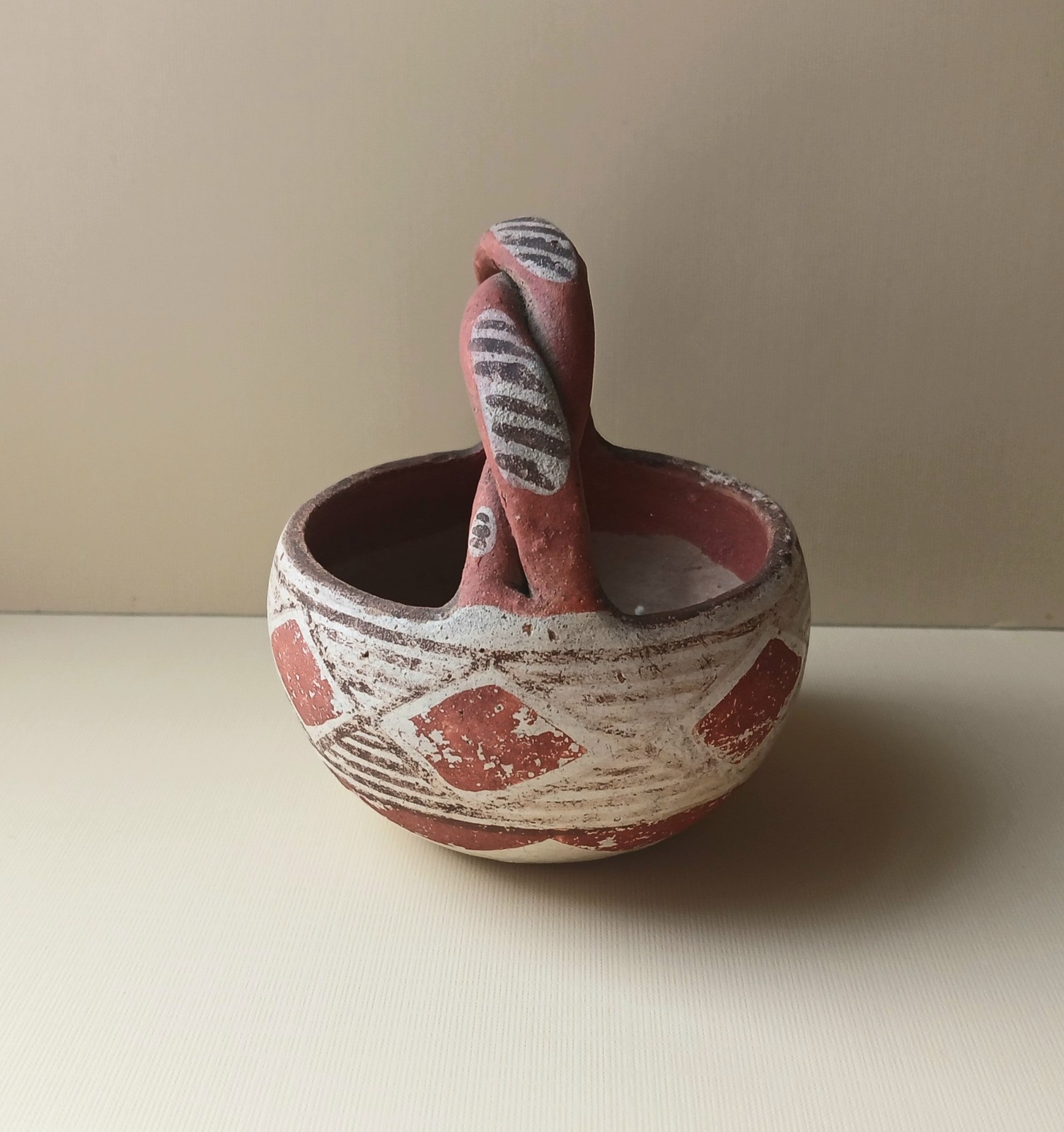 Antique Isleta Pueblo Pottery Basket Twist Handle, Hand Painted Designs, #2