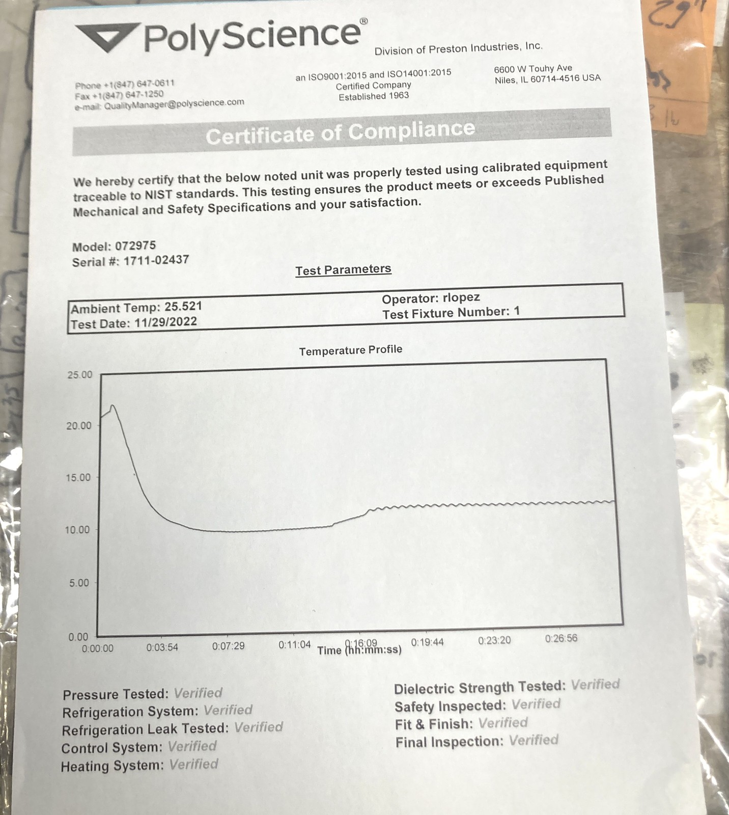 PolyScience Chiller Pack 120V 250W 12°C 072975 for PerkinElmer ICP OES NEW