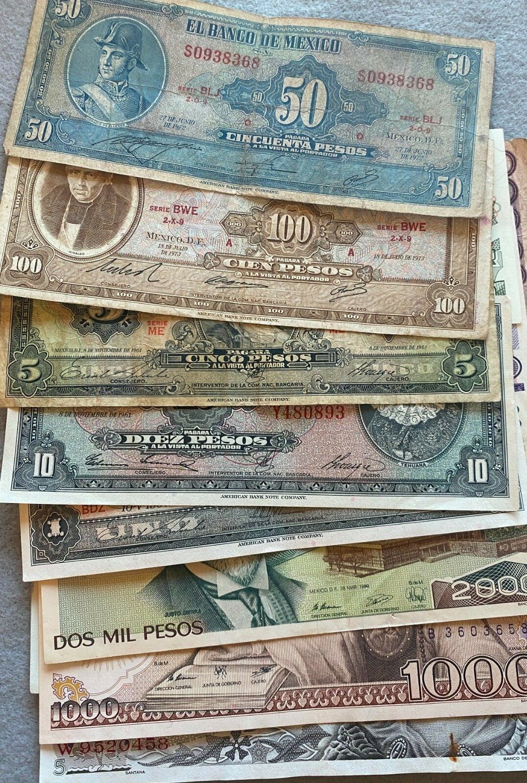 MEXICO SET 21 BANKNOTES LOT 70'S 1914 1 5 10 20 50 100 500 1000 pesos Collection