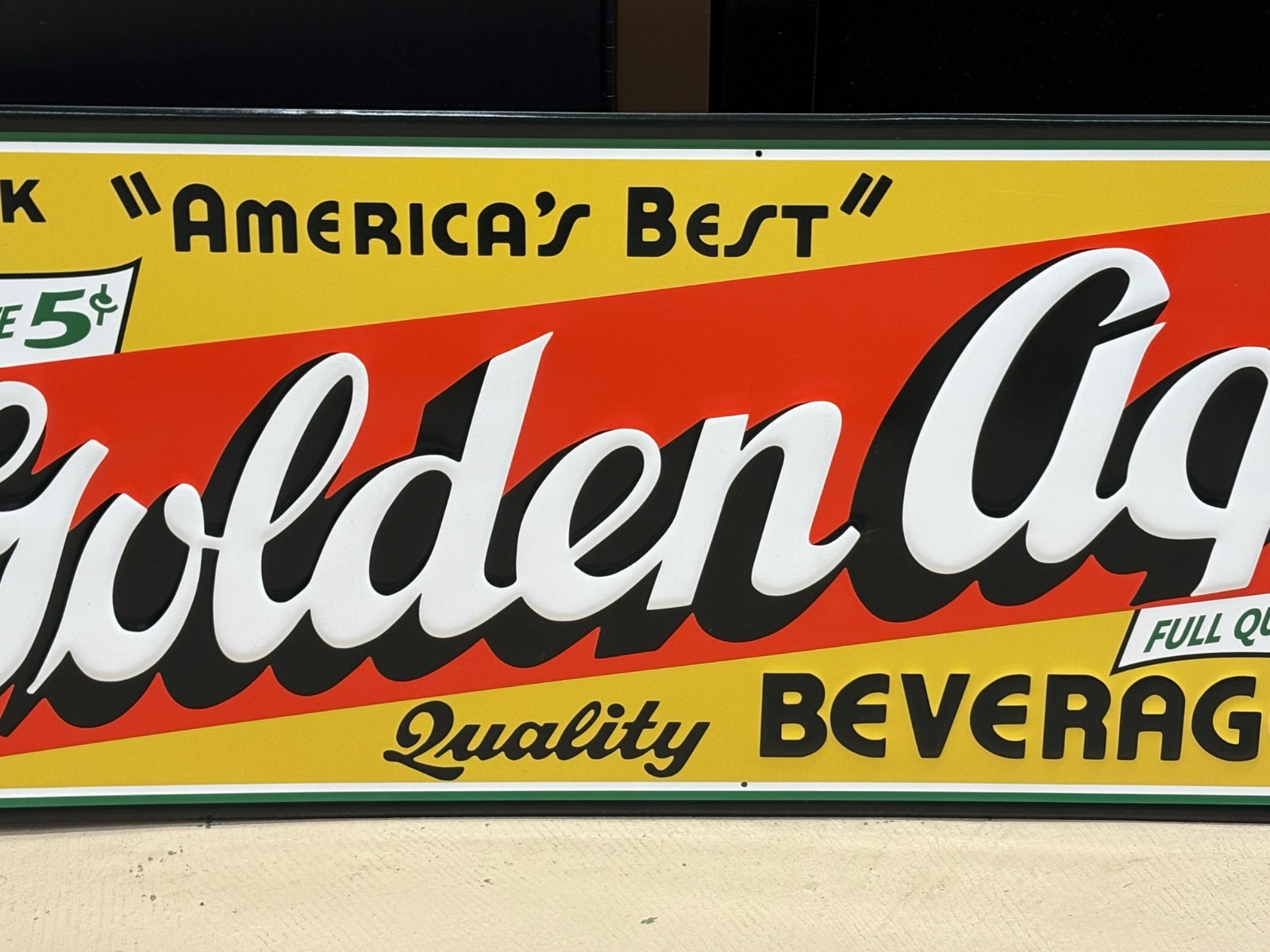 "GOLDEN AGE BEVERAGE" LARGE EMBOSSED METAL ADVERTISING SIGN (41"x 15") NICE