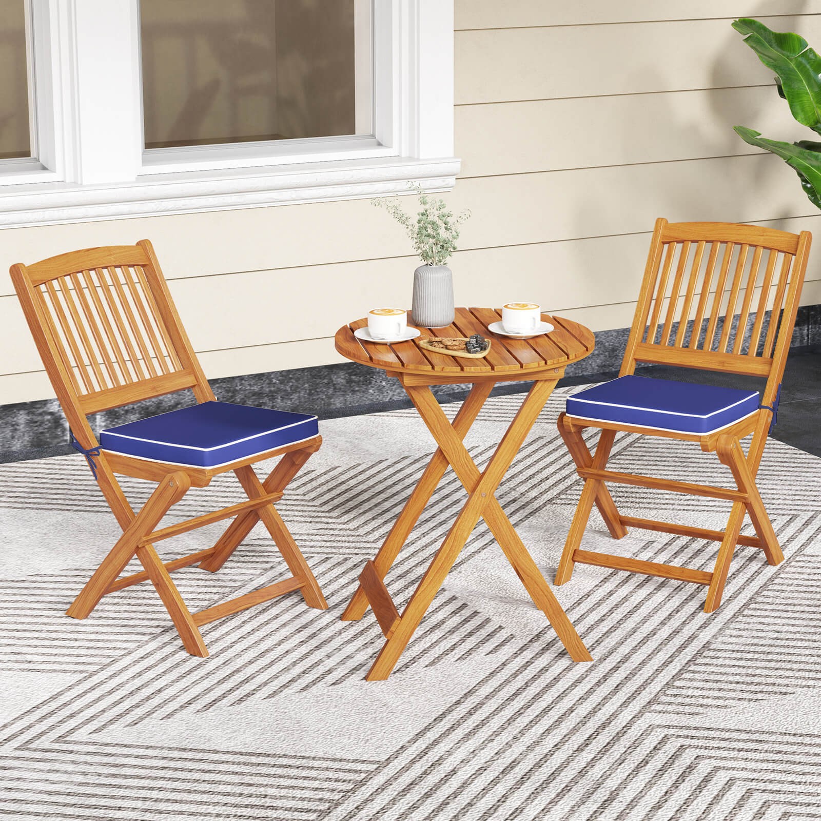 3 Pieces Acacia Wood Patio Bistro Set Folding Table & Chairs Set w/ Cushions