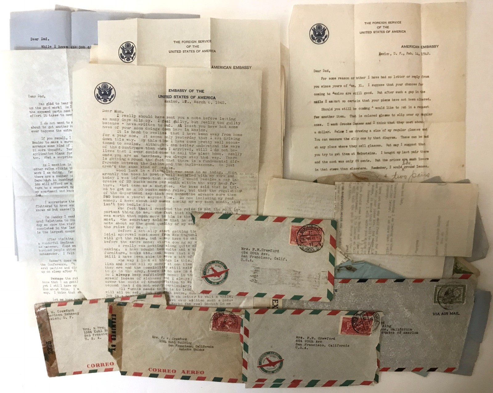 1941-42 Mexico Personal Letters Lot to US w/ Postal Covers incl. Examined