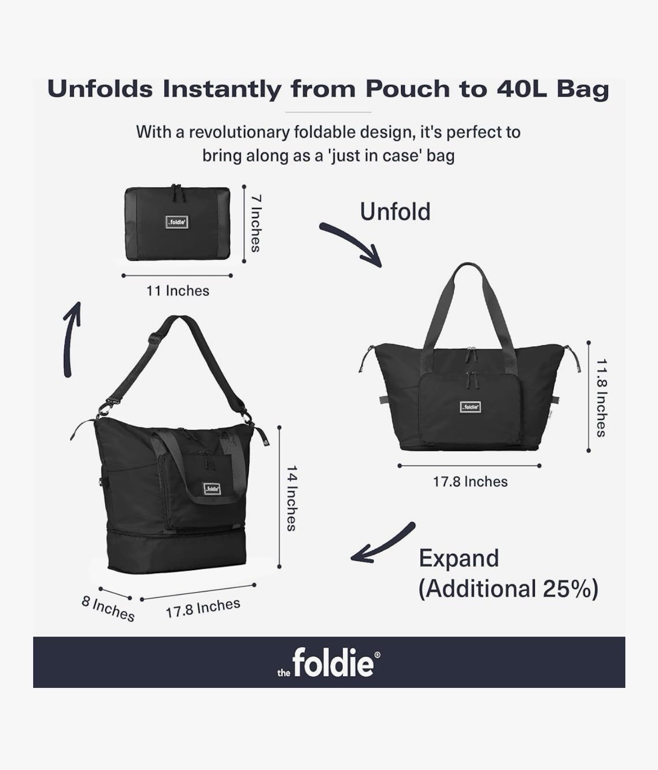 The Foldie® 4.0 Travel Duffle - Water Resistant - Expandable Bottom - Black