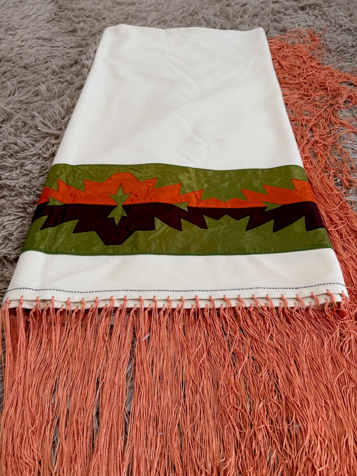 Native American Dance Shawl Knotted Fringe Orange,Brown,Green Ribbon 60x61