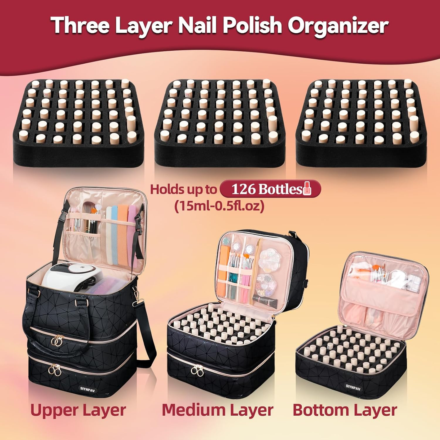 Nail Polish Organizer Bag Holds 126 Bottles 15ml/0.5fl.oz Black