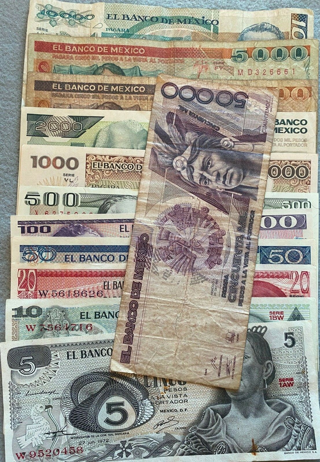 MEXICO SET 21 BANKNOTES LOT 70'S 1914 1 5 10 20 50 100 500 1000 pesos Collection