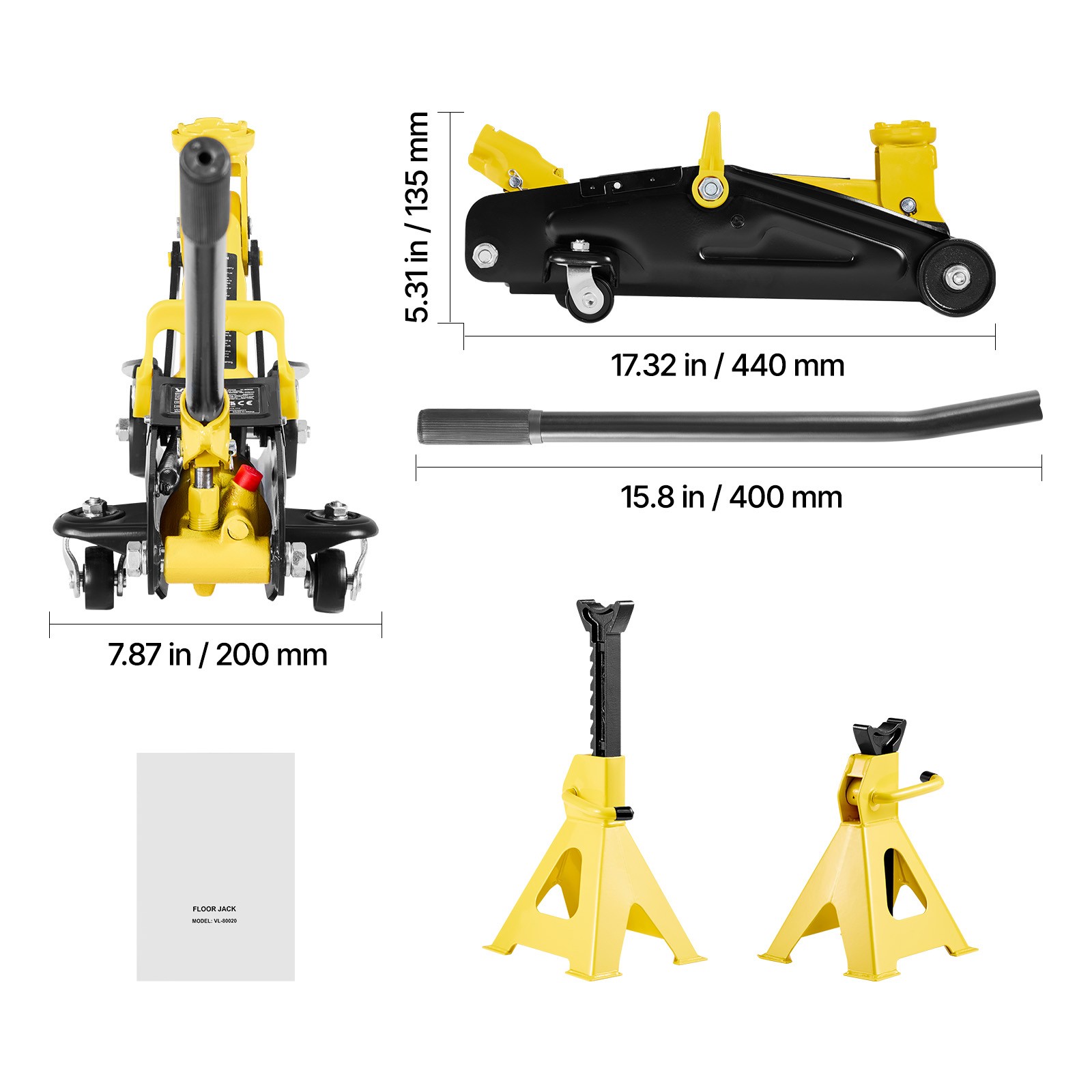 2 Ton Low Profile Floor Jack Single Piston Hydraulic Car Jack with 2 Jack Stands