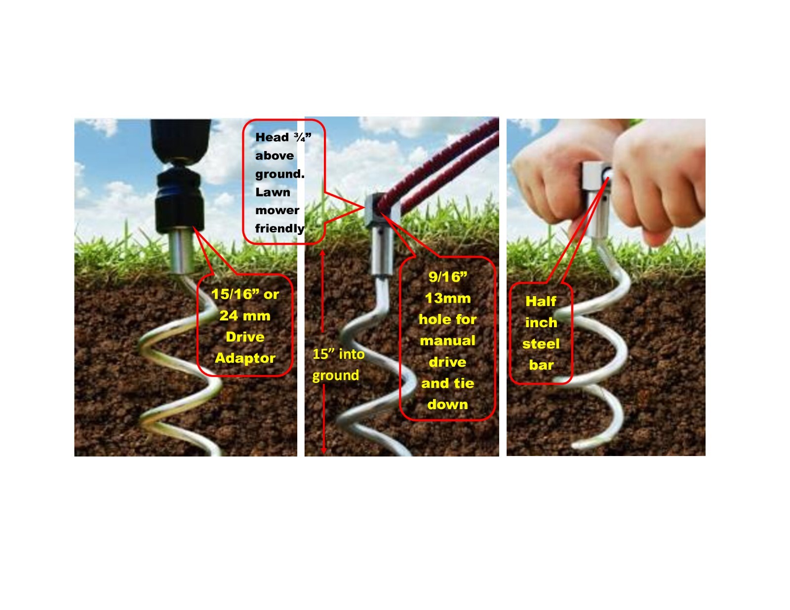 4 Screw in Ground Anchors - Spiral Ground Stake 16"- for securing tent and more