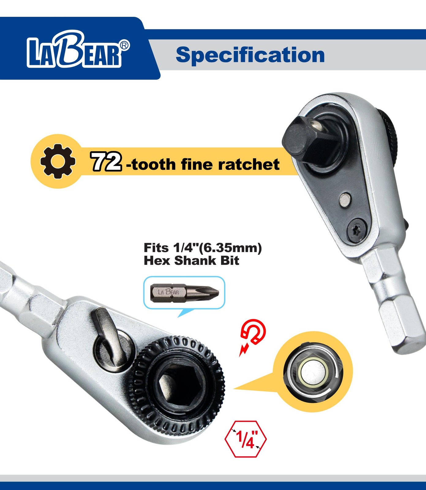 LABEAR 2-in-1 Mini Ratchet Wrench Adapter, Magnetic 1/4" Hex Bit Silver